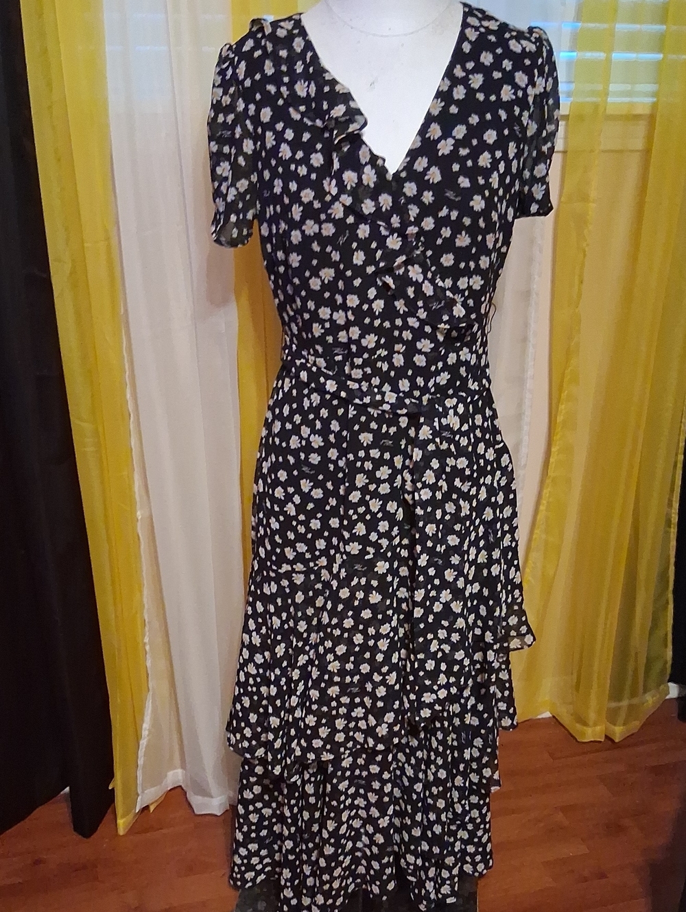 Black Floral Ruffle Wrap Dress